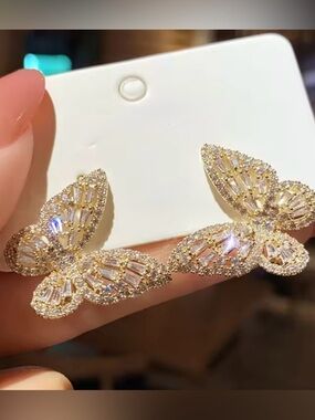 Gold Crystal Butterfly Stud Earrings - Elegant Women Jewelry